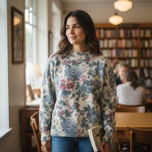 Vintage de rotchild Silk Angora Blend Floral Mock Neck Sweater Cream Blue Large